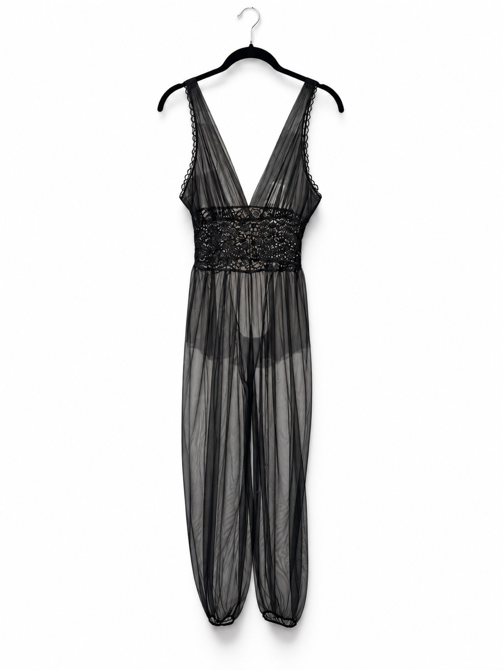 Vintage 60s 70s Black Sheer Nylon Lace Genie Pajama Jumpsuit Gothic Lingerie S/M
